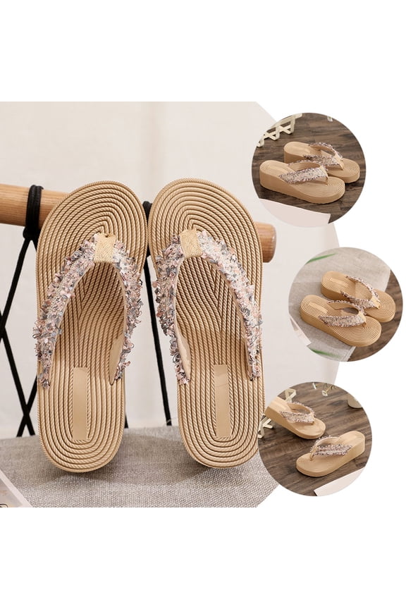 1 Pair Women's Bohemian Sandals Light Brown Eva Cotton Fabric Wedge Beach Shoes