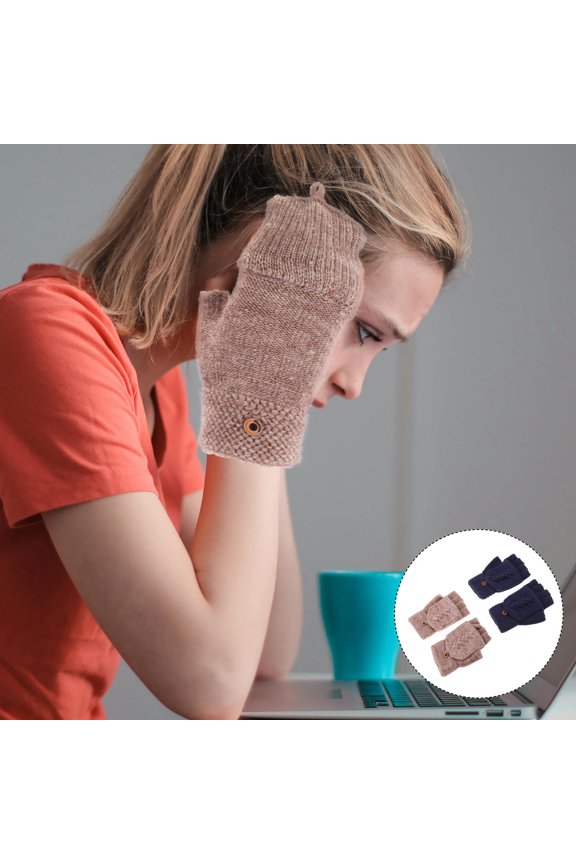 2Pair Half Finger Mittens Knitted Convertible Gloves with Touchscreen Function for Cold Weather