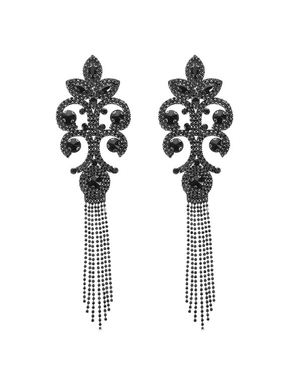 Vintage Black Rhinestone Tassel Shoulder Epaulettes Beaded Fringe Trim 2Pcs