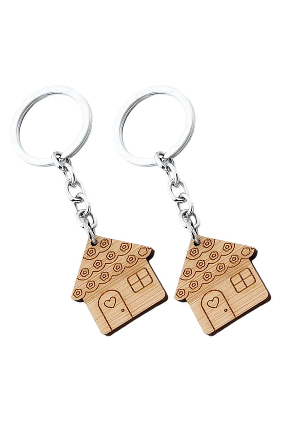 2Pcs Couple Keychain Holder with Wood Engraving and Khaki House Design for Backpack and Car Keys