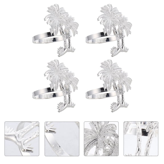 FUTUREORYY 4Pcs Plated Silver Decorative Napkin Rings Coconut Palm Tree Design for Party Table Decoration