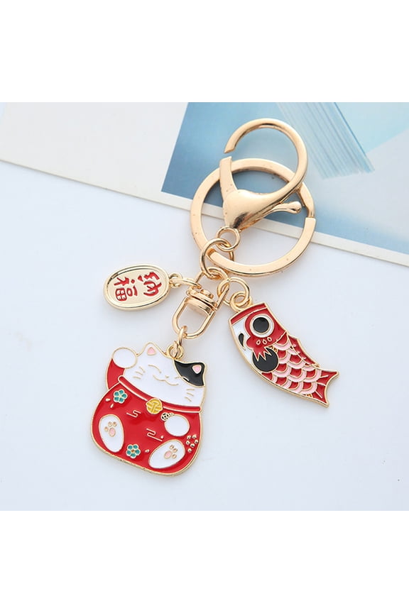 Japanese Style Lucky Cat Keychain Set 2 Pcs Red Bag Charm for Keys Luggage Pendant