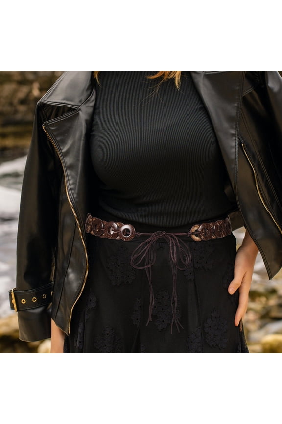 Adjustable Coffee Color Woven Belt with Coconut Shell Accents for Stylish Dress Decoration and Everyday Wear