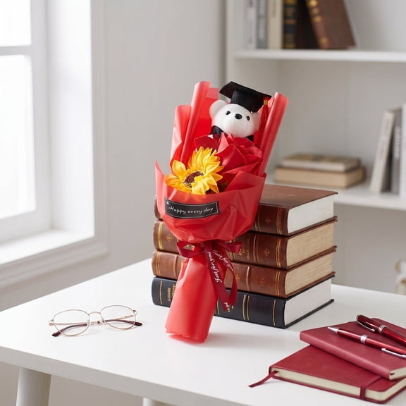 FUTUREORYY Plush Bear Bouquet with Artificial Red Roses for Graduation 2026 Party Decoration and Celebration