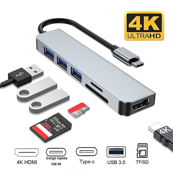 FUTUREORYY Multifunction 6 Port USB Hub for Laptop Computer with Hdcp Decoding in Grey