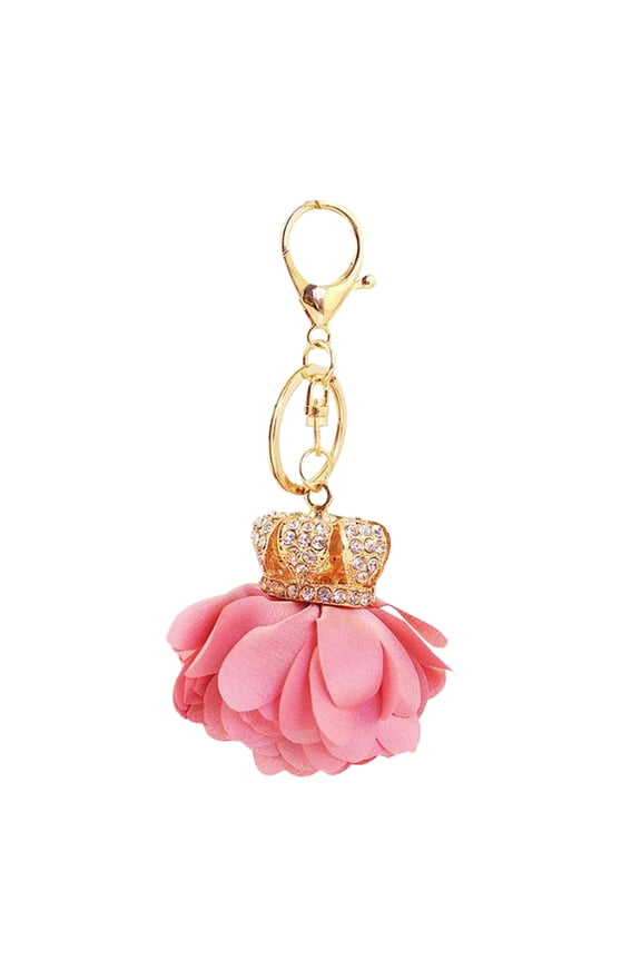 Pink Rhinestone Crown Keychain with Floral Alloy Charm Creative Accent for Car Keys and Bags