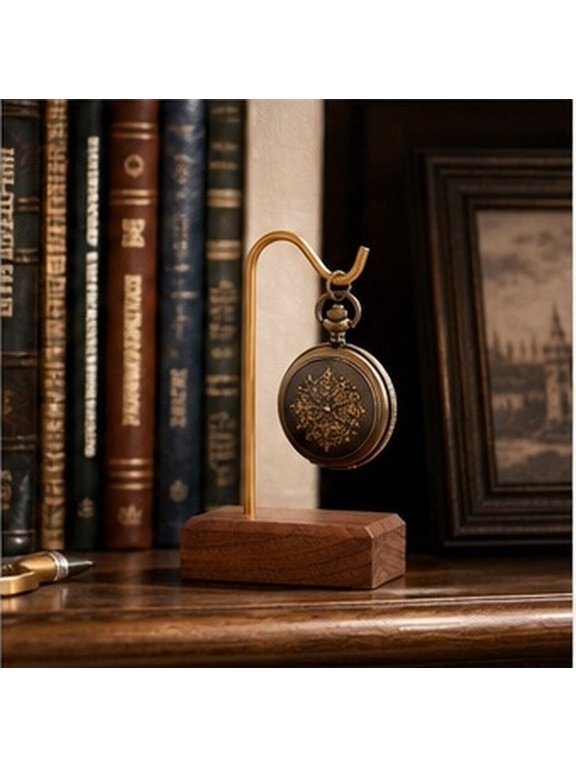 Pocket Watch Display Stand with Metal Hook, Wide Base Wooden Holder