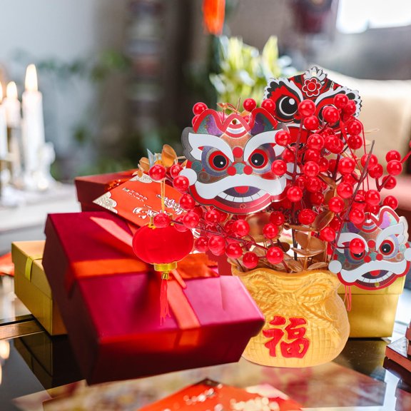 FUTUREORYY Red Spring Festival Bonsai Decor, Simulated Floral Arrangement for New Year Table Display