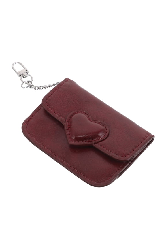 PU Card Holder Wallet for Women, Dark Red with Dual Card Slots and Decorative Heart Buckle