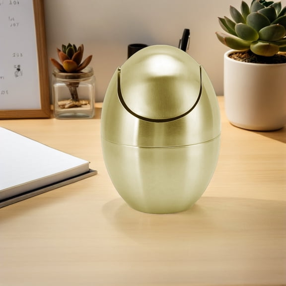FUTUREORYY Golden Stainless Steel Small Desk Trash Can Compact Eggshell Shaped Waste Bin for Office and Bedroom