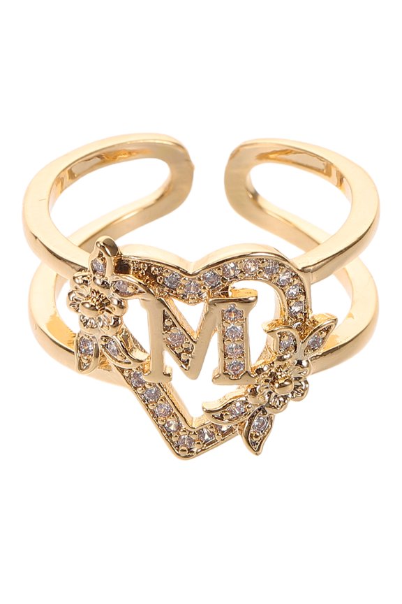 Unique Golden Flower Initial Ring Copper Adjustable Open Design Stackable Fashion Ring