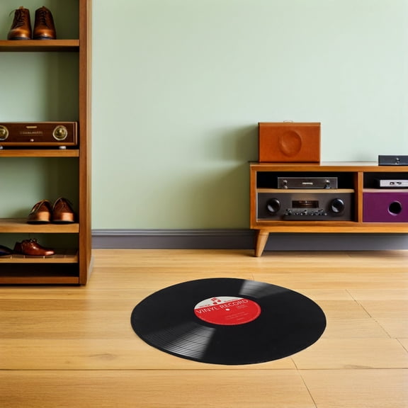 FUTUREORYY Record Rug with Retro Music Theme, Non- , Washable Round Carpet for Home and Room Decor