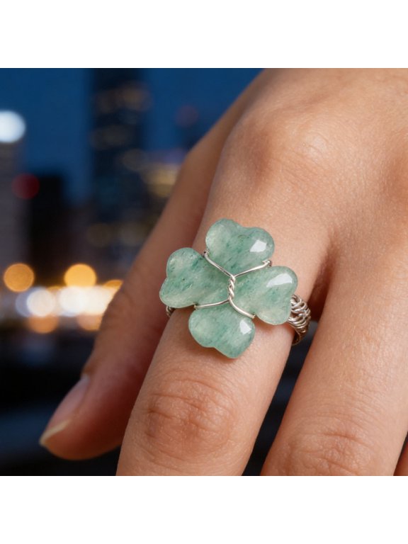 Womens Green Crystal Lucky Clover Ring Dainty Metal