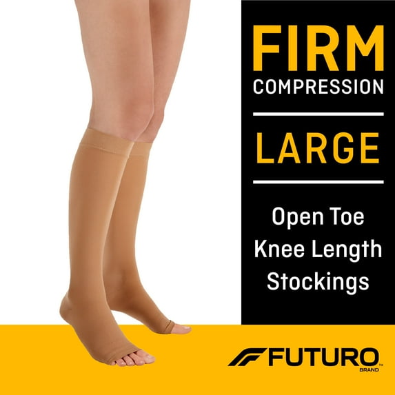 FUTURO Therapeutic Open Toe Knee Highs, Unisex, Firm Compression, Great for Travel, Large, Beige