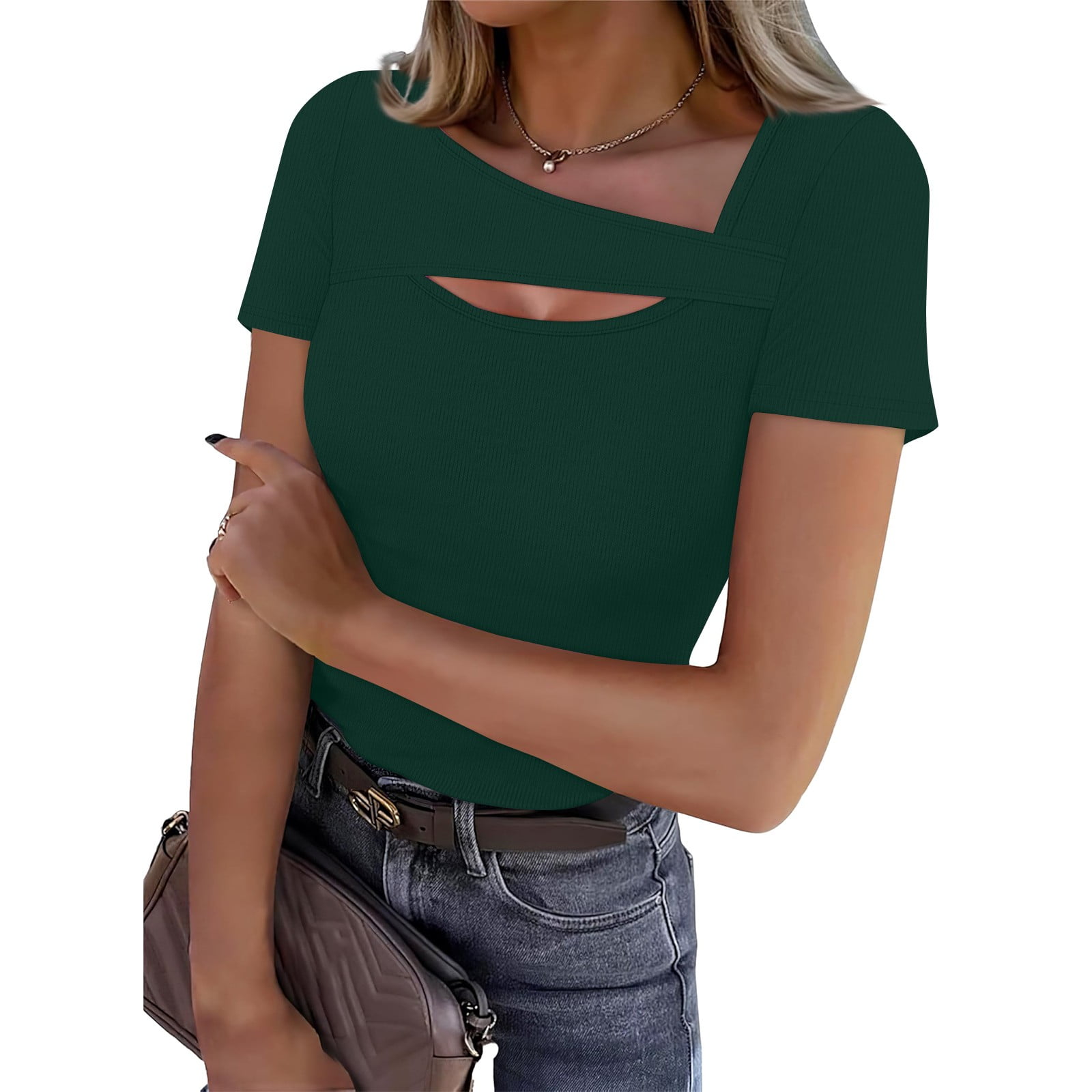 Floerns Women's Y2K Rhinestone Heart Cut-Out Tee - Ribbed Cap Sleeve Ruffle Hem Top