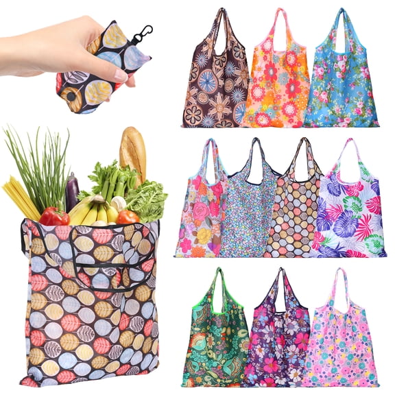 FUYGRCJ 10 Pack Reusable Grocery Bags, Foldable Shopping Bags, Heavy Duty Large Cute Tote Bags, Market Cloth Storage Bags, Lightweight and Space Saving for Daily Shopping Machine Washable