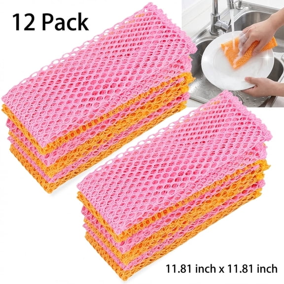 12 Pack Mesh Dish Scrubber, No Odor Quick Dry Dish Washing Net, 11 x 11 Inch Non Scratch Scouring Pads, Reusable Mesh Scrub Cloth for Cookware