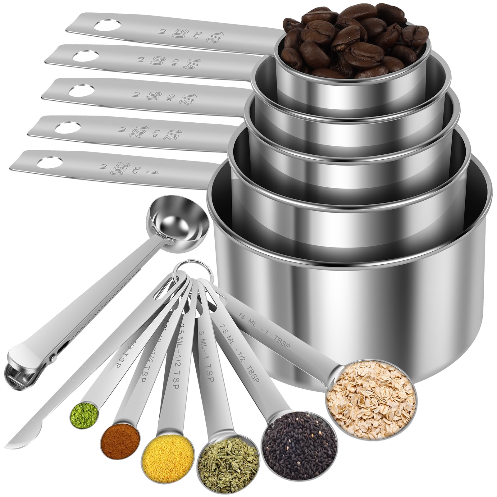 FUYGRCJ 13PCS Stainless Steel Measuring Cups and Spoons, Stackable Metal Measuring Cups and Spoons, Coffee Scoop Spoon, Kitchen Utensils Gadgets for Cooking & Baking