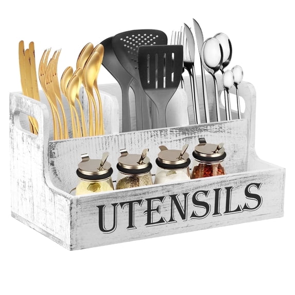 FUYGRCJ 2 Layers Wooden Utensil Caddy, Extra Large Kitchen Tools Storage Caddy, Utensils Holder with 4 Compartments, Cooking Silverware Utensil Organizer for Countertop, Rustic Spoon Spatula Holder