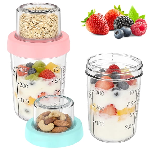FUYGRCJ 2 Pack Glass Overnight Oats Containers with Lids, 16oz+4oz Dual-Laryer Pudding Jars with Dry and Wet Separation, Yogurt Parfait Cups for Oatmeal Cereal Nut Fruit, Meal Prep Glass Jars