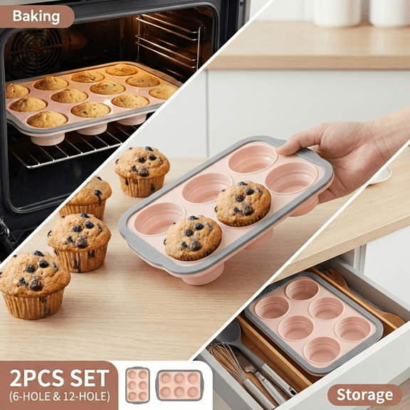 FUYGRCJ 2 Pack Silicone Muffin Pans for Baking with Metal Reinforced Frame, 6 Cups  12 Cups Foldable Silicone Muffin Pan, Regular Size Cupcake Pan, Muffin Tin Tray Easy to Pop Nonstick Bakeware