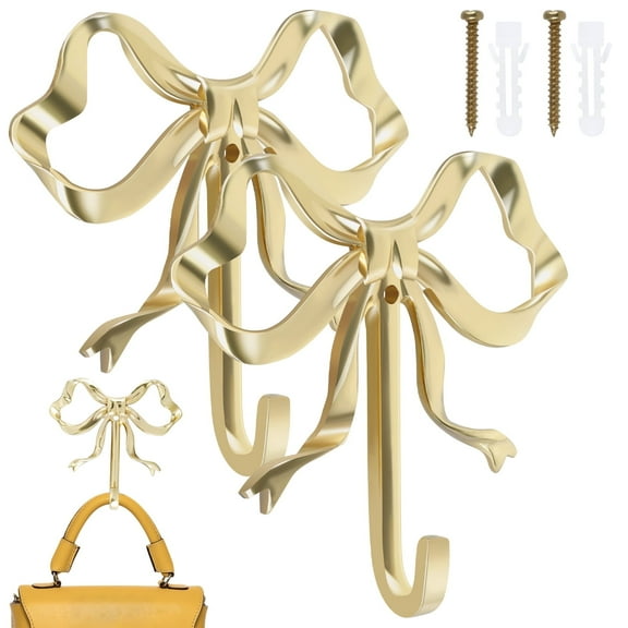 FUYGRCJ 2 Pcs Bow Hook Bowknot Wall Hook Brass Bow Wall Hook Wall Mounted Golden Key Hook Decorative Hanging Metal Hook 9.2x9x2cm Large Single Hook for Hat Towel Home Bedroom