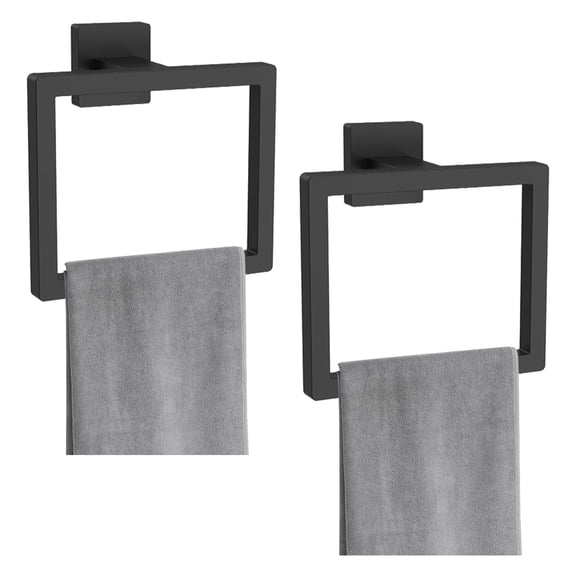 FUYGRCJ 2-Piece Square Hand Towel Holder, Thicken Stainless Steel Towel Hangers, Matte Black Towel Ring, Wall-Mounted Hand Towel Bar Racks for Bathroom