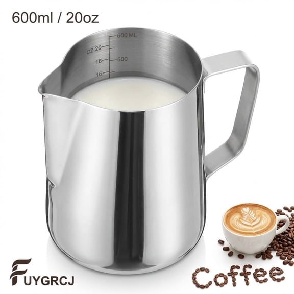 FUYGRCJ 20oz Milk Frothing Pitcher, Stainless Steel Espresso Steaming Pitcher with Measurement Scale, Barista Milk Frother Cup for Espresso, Cappuccino & Steaming Milk