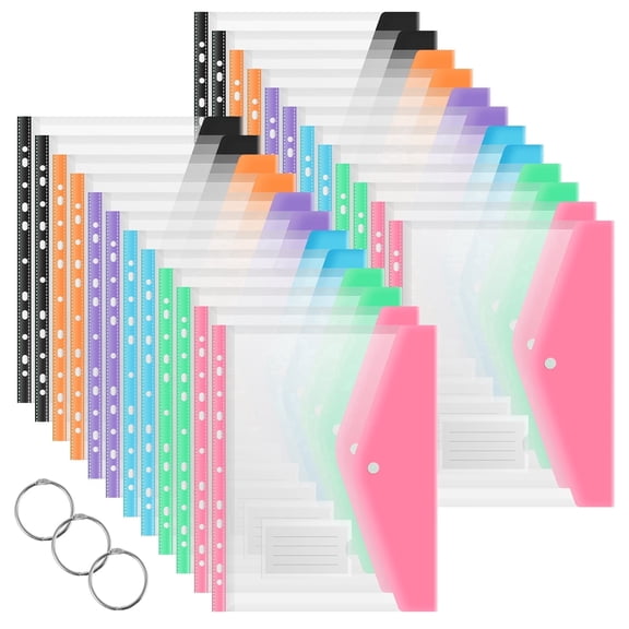 24 Pack Plastic Envelopes Binder Pocket, 11 Holes Expandable Binder Folders for 2/3/4 Ring Document Pouch with Snap Button & Label, Letter Size, Leaf Transparent Binder Organizer, Side-Opening