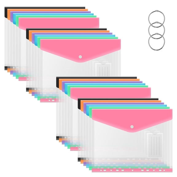 FUYGRCJ 24 Pack Binder Pocket, Plastic Envelopes Binder Folders, 11 Holes Expandable Binder Folders, Document Pouch with Snap Button and Label Loose, Leaf Transparent Binder Pockets