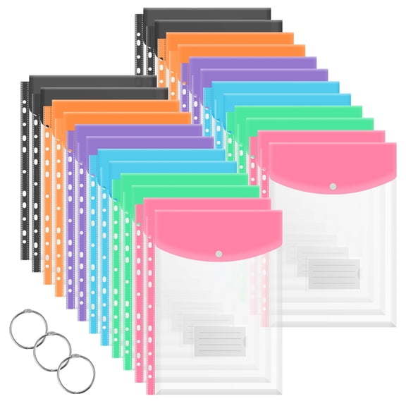 FUYGRCJ 24 Pack Plastic Binder Pockets, 11 Holes Expandable Binder Folders, Envelopes Binder Folders with Snap Button and Label, Expandable Plastic Envelopes Binder Organizer Folders