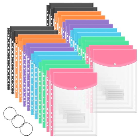 FUYGRCJ 24 Pack Plastic Envelopes Binder Pocket, 11 Holes Expandable Binder Folders for 2/3/4 Ring Document Pouch with Snap Button & Label, Letter Size, Leaf Transparent Binder Organizer, Top-Opening