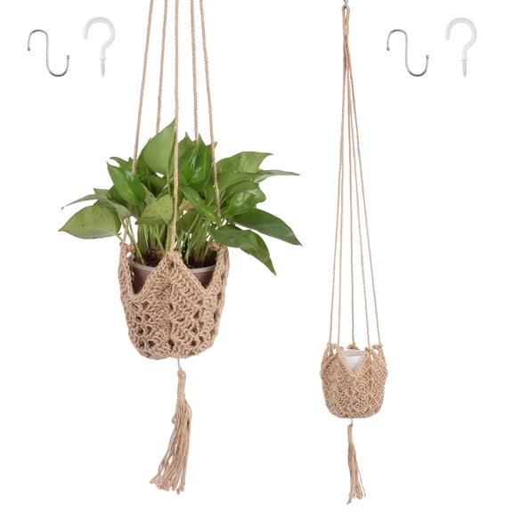 FUYGRCJ 2PCS Macrame Plant Hanger, 40inch Hanging Planter Basket Flower Pot Holder, Jute Crochet Plant Boho Hanger, with 4PCS S Shaped Hooks, Ceiling Hooks, for Fence Planter Flower Home Decoration
