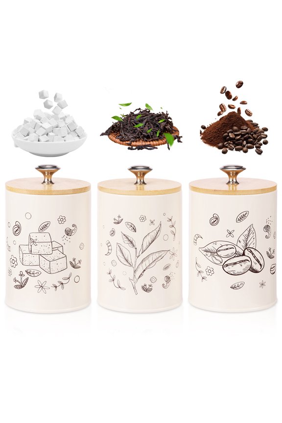 3 Pack Airtight Metal Kitchen Canister Set, 25 OZ Coffee Sugar Tea Container Jars, Airtight Coffee Container, Tea Organizer, Sugar Canister, Kitchen Airtight Food Storage Jar with Wooden Lid