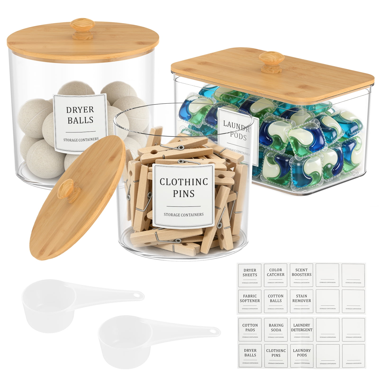 FUYGRCJ 3 Pack Laundry Pods Container, Clear Laundry Detergent Powder Storage Containers, Laundry Room Organization Container with Wooden Lid & Label, Laundry Pod Holder for Scent Booster, Dryer Ball