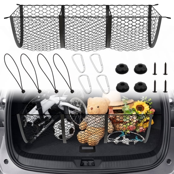 FUYGRCJ 3 Pockets Truck Bed Cargo Net, Universal Pickup Mesh Storage Net, 47.2" x 11.8" x 11.8" Trunk Organizer Nets, Stretchable Elastic Truck Bed Grocery Holder Net with 4 Ball Bungees