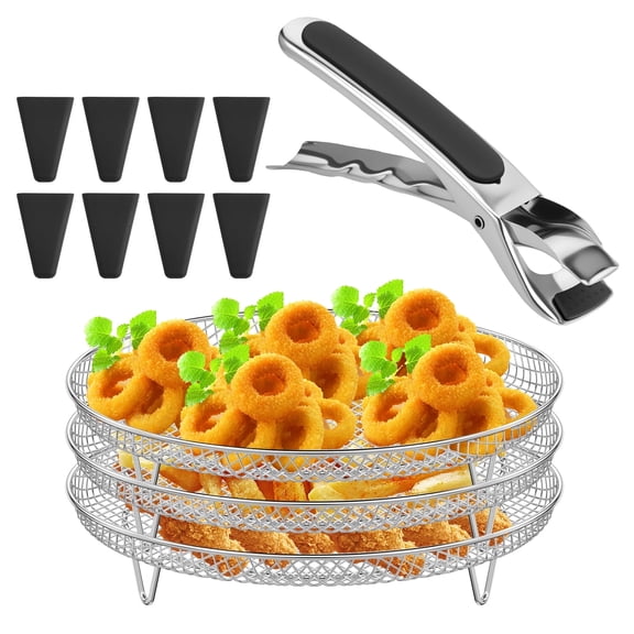 FUYGRCJ 3PCS 7.9'' Round Air Fryer Racks, Air Fryer Basket for Grill, Stackable Stainless Steel Air Fryer Mesh Tray for Roasting, with Anti-scalding Clip & Silicone Feet, Oven & Dishwasher Safe