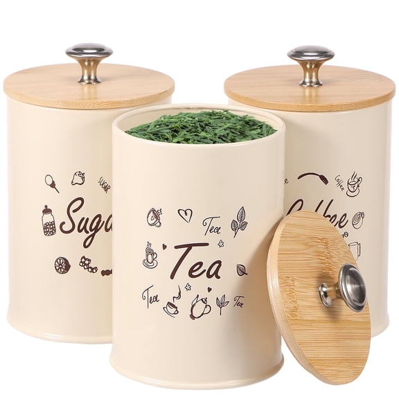 FUYGRCJ 3PCS Food Storage Canisters with Bamboo Lid, Airtight Iron Tea Sugar Coffee Canisters, Versatile Tea Coffee Sugar Canister Set, Smooth Coffee Tea Sugar Container Set for Coffee Sugar Tea