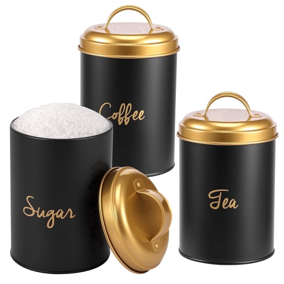 FUYGRCJ 3PCS Kitchen Canisters with Airtight Lid, Metal Coffee Sugar Tea Canisters Set, Airtight Metal Canister Tin Set, Food Storage Containers Jars, Rustic Kitchen Decor Containers for Countertop