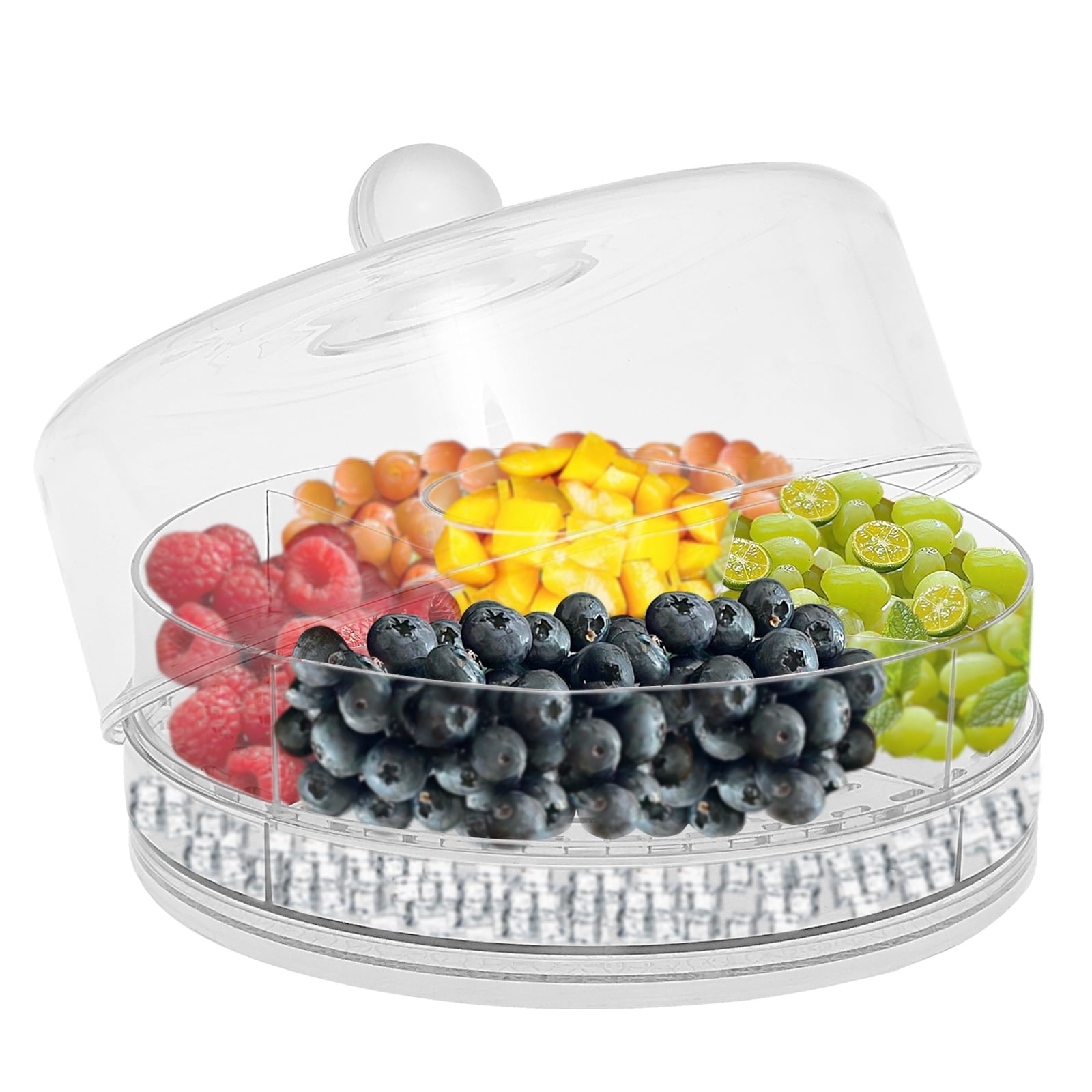 FUYGRCJ 4 in 1 Rotating Ice Chilled Serving Tray, 9" Clear Party Platter with 4 Compartments, Divided Snack Storage Container with Lid, Snack Spinner Organizer Perfect for Fruit, Cake, Dessert