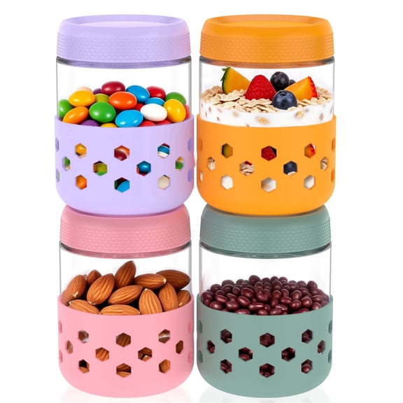 4 Pack 16 oz Overnight Oats Containers with Lids and Silicone Sleeves, Glass Mason Jars with Airtight Lid, Dishwasher Safe, Wide Mouth Chia Seed Pudding Meal Prep Jar for Yogurt Berries Snack