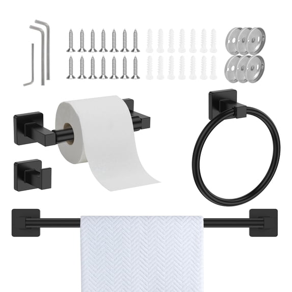 FUYGRCJ 4 Pieces Matte Black Bathroom Hardware Set, Stainless Steel Towel Bar Rack Set, Wall Mounted Bathroom Accessories, Includes Hand Towel Bar, Towel Ring, Robe Towel Hooks,Toilet Paper Holder