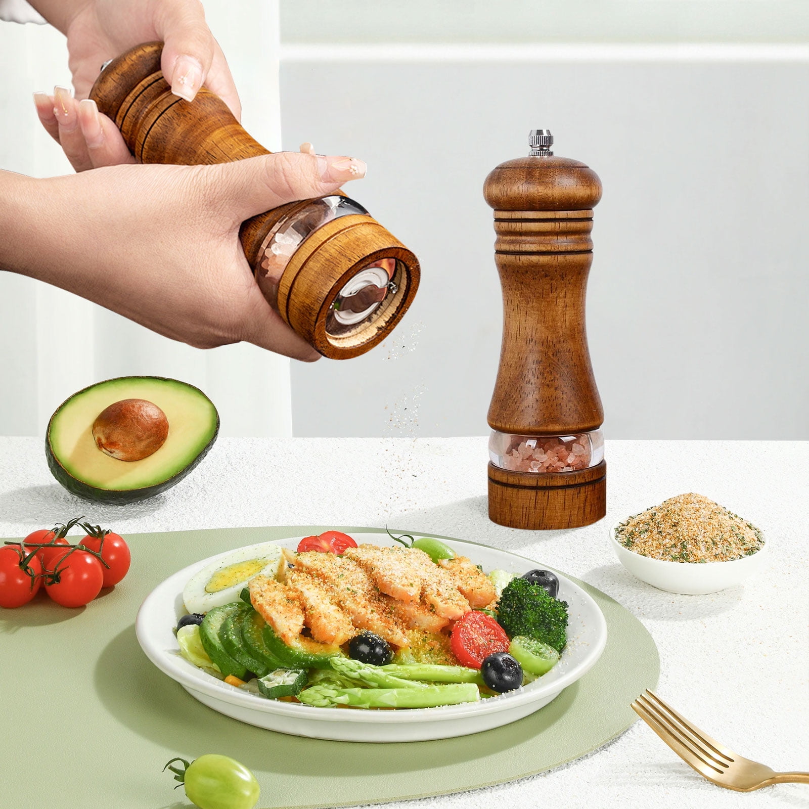 4-Piece Wood Salt & Pepper Grinder Set - Manual Mills With Adjustable Ceramic Core