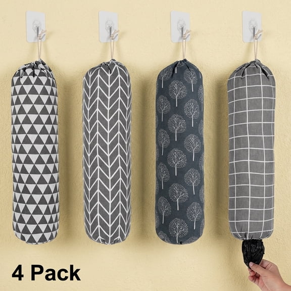 FUYGRCJ 4PCS Plastic Bag Holder, Reusable Hanging Grocery Bag Organizer with Elastic Bottom Closure, Wall Mount Washable Large Grocery Bag Storage Dispenser, Shopping Bags Carrier for Home Kitchen