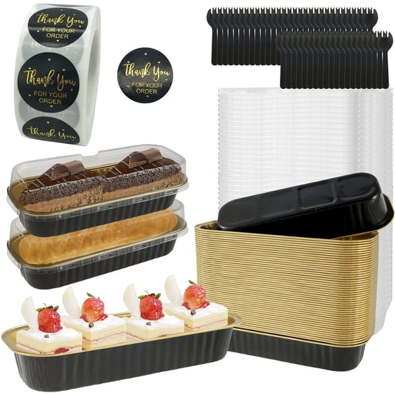 50 Pack Mini Loaf Pans with Lids and Spoons, 6.8oz Disposable Aluminum Foil Mini Cake Pans and Baking Tins with Sealing Stickers, Individual Dessert Container Cups for Parties and Gifts