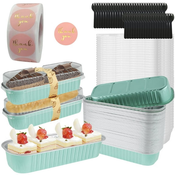 FUYGRCJ 50Pcs Mini Loaf Pans with Lids and Spoons 6.8oz Rectangle Aluminum Foil Baking Pans Reusable Mini Bread Containers Muffin Tins Heat-Resistant Narrow Cake Pans for Mini Brownie Cake Bread