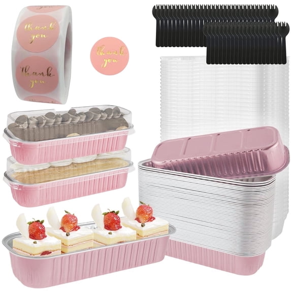 50 Pack Mini Loaf Pans with Lids and Spoons, 6.8oz Disposable Aluminum Foil Mini Cake Pans and Baking Tins with Sealing Stickers, Individual Dessert Container Cups for Parties and Gifts