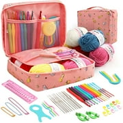 FUYGRCJ 59PCS طقم الكروشيه مع مجموعة إكسسوارات الغزل والحياكة ، طقم الكروشيه الحياكة لطيف ، طقم خطافات الكروشيه المريحة للمبتدئين ، تشمل إبر الكروشيه الدانتيل ، كرات غزل الكروشيه