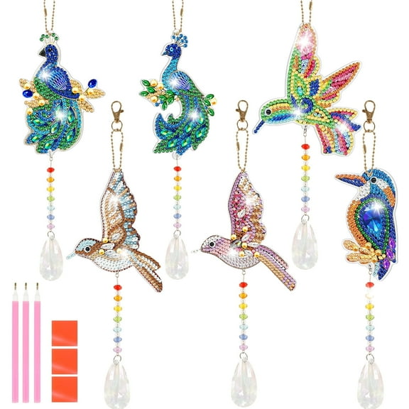 FUYGRCJ 6PCS Diamond Painting Suncatcher Wind Chime Hummingbird Diamond Painting Kits 5D Double Sided Hanging Ornaments with Crystal Pendant for Adults Kids Home Garden Window Decoration
