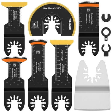 FUYGRCJ 7Pcs Oscillating Saw Blade Titanium Bimetal Oscillating Multitool Blade Universal Curved Edge Extra-Long Oscillating Tool Blade Precise Cut Precision Tooth Semi Circle Multi Tool Blade